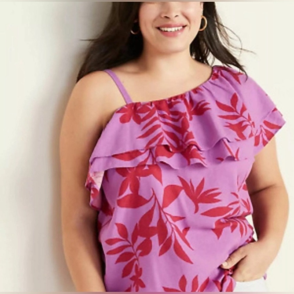 Old Navy Women’s Purple & Red Tropical One Shoulder Ruffle Linen Blouse- Size L
